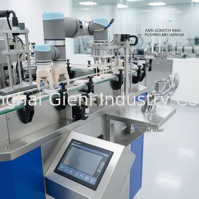 Attrezzatura compatta per il riempimento di cuscini ad alta velocità con posizionamento manuale dell'anello e spinta dell'anello antigraffio per cosmetici di lusso
